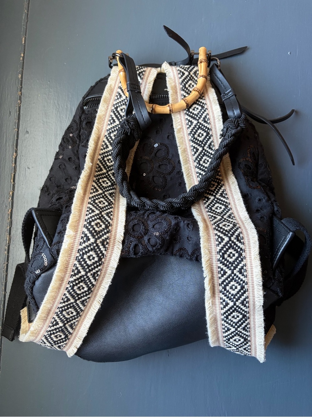 Desigual Black Embroidered Backpack with Woven Cream Straps